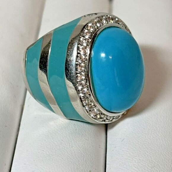 Showy Chunky Faux Turquoise Blue Enamel Dome Crystal Statement Ring Size 5 - Picture 3 of 3